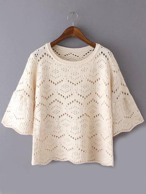 Romwe Bell Sleeve Hollow Beige Sweater