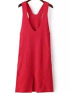 Romwe Strap Slit Pockets Red Dress