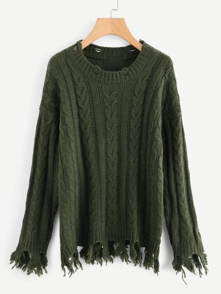 Romwe Drop Shoulder Destroyed Trim Cable Knit Jumper