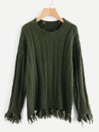 Romwe Drop Shoulder Destroyed Trim Cable Knit Jumper