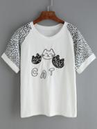 Romwe Raglan Sleeve Cat Embroidered T-shirt