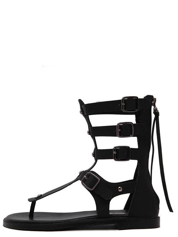 Romwe Black Zipper Buckle Strap Tall Flip Sandals