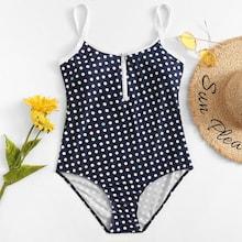 Romwe Plus Dot Print Zipper Front One Piece Swimsuit