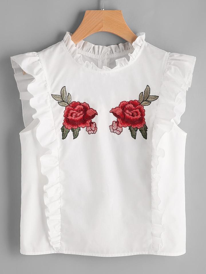 Romwe Embroidered Rose Patch Ruffle Detail Button Back Blouse