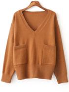Romwe Khaki V Neck Front Pocket Sweater