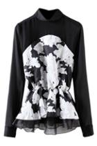 Romwe Romwe Floral Print Elastic Pleated Black Blouse