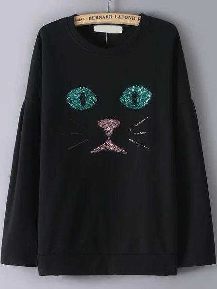 Romwe Cat Pattern Black Sweatshirt With Sequined
