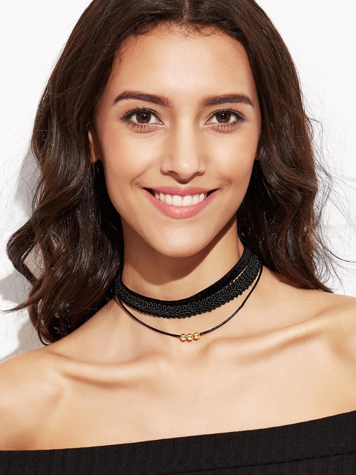 Romwe Black Triple Layer Beaded Lace Choker Necklace