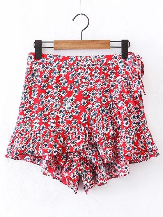 Romwe Ditsy Print Ruffle Layered Skirt Shorts