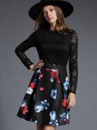 Romwe Black Round Neck Long Sleeve Print Lace Dress