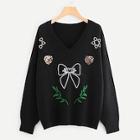 Romwe Sequin And Embroidery Detail Sweater