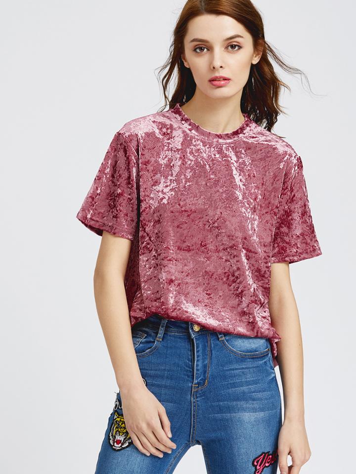 Romwe Pink Drop Shoulder Short Sleeve Velvet Top