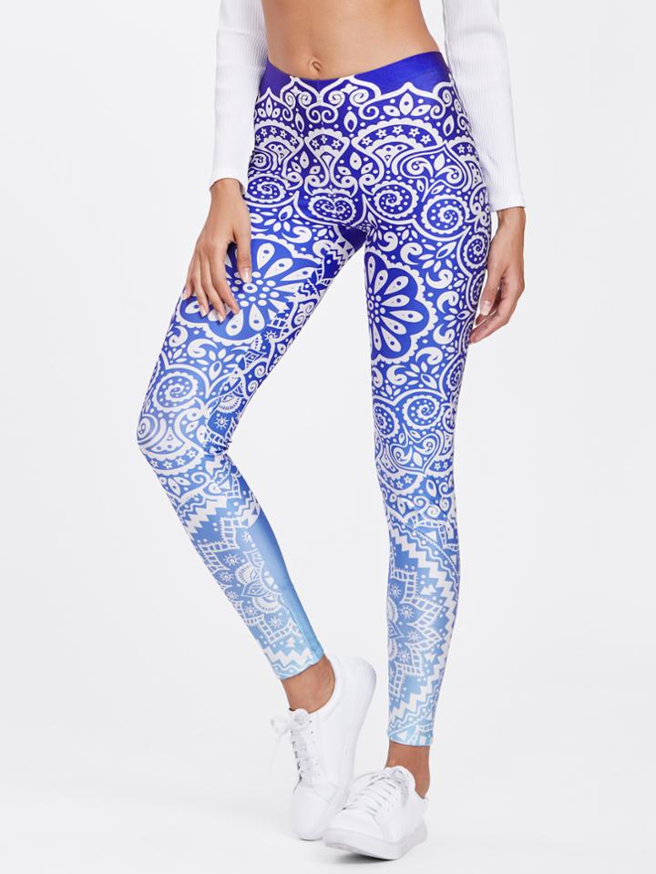 Romwe Allover Porcelain Print Skinny Leggings
