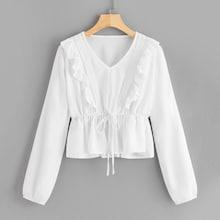 Romwe Ruffle Trim Drawstring Waist Blouse
