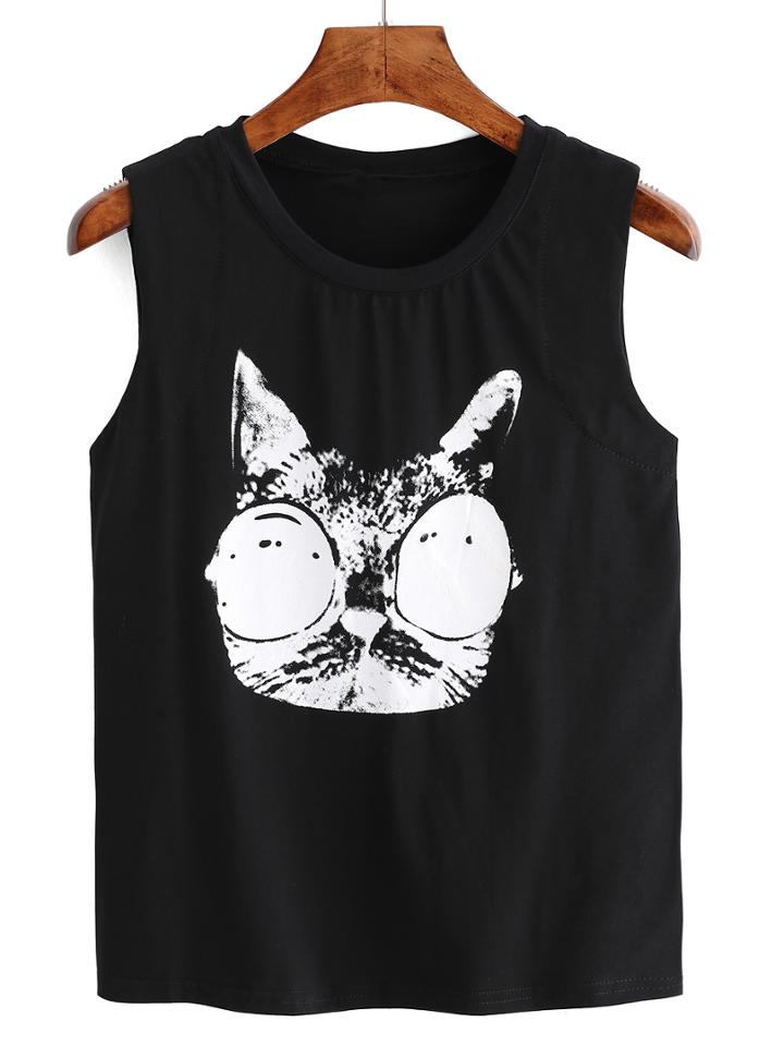 Romwe Cat Print Black Tank Top