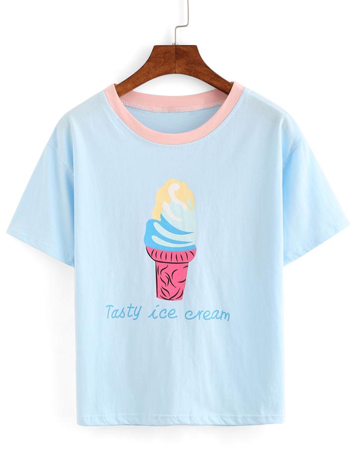 Romwe Contrast Neck Ice Cream Print T-shirt
