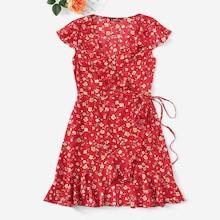 Romwe Plus Ditsy Floral Ruffle Trim Self Tie Wrap Dress