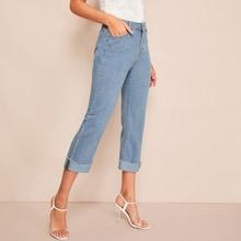 Romwe Solid Roll Up Wash Jeans
