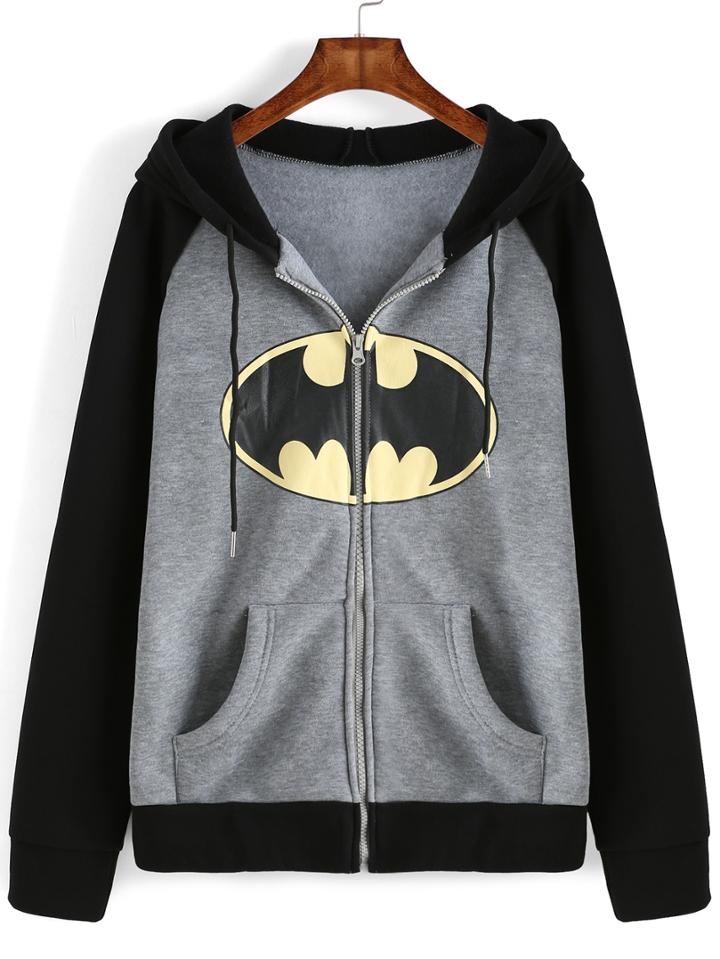 Romwe Hooded Drawstring Zipper Bat Print Sweatshirt With Pockets