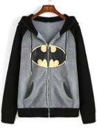 Romwe Hooded Drawstring Zipper Bat Print Sweatshirt With Pockets