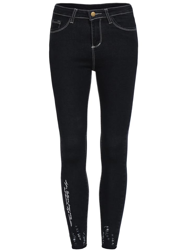 Romwe Ripped Letter Print Denim Pant