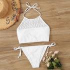 Romwe Laser Cut-out Halter Top With Tie Side Bikini Set