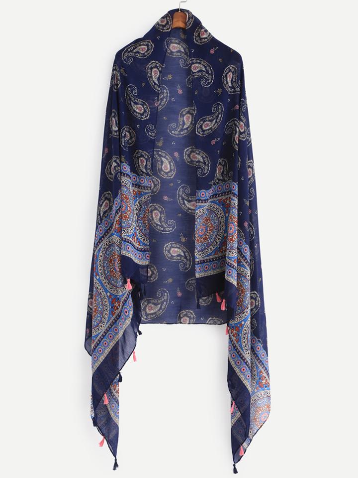Romwe Navy Paisley Print Tassel Trim Oversized Scarf