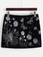Romwe Flower Embroidery Studded Detail Skirt