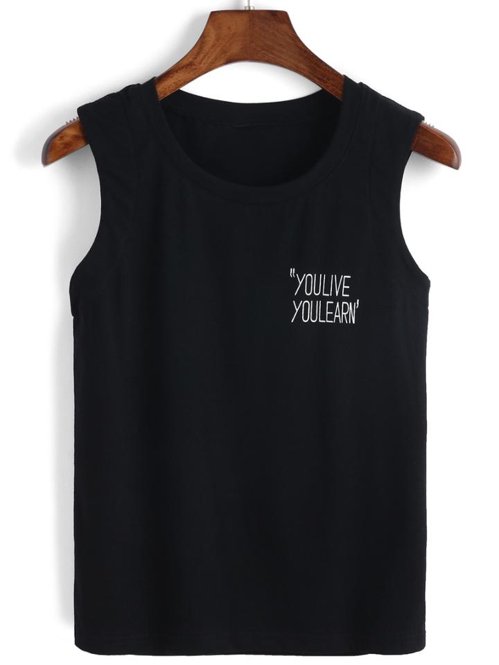 Romwe Letters Print Black Tank Top