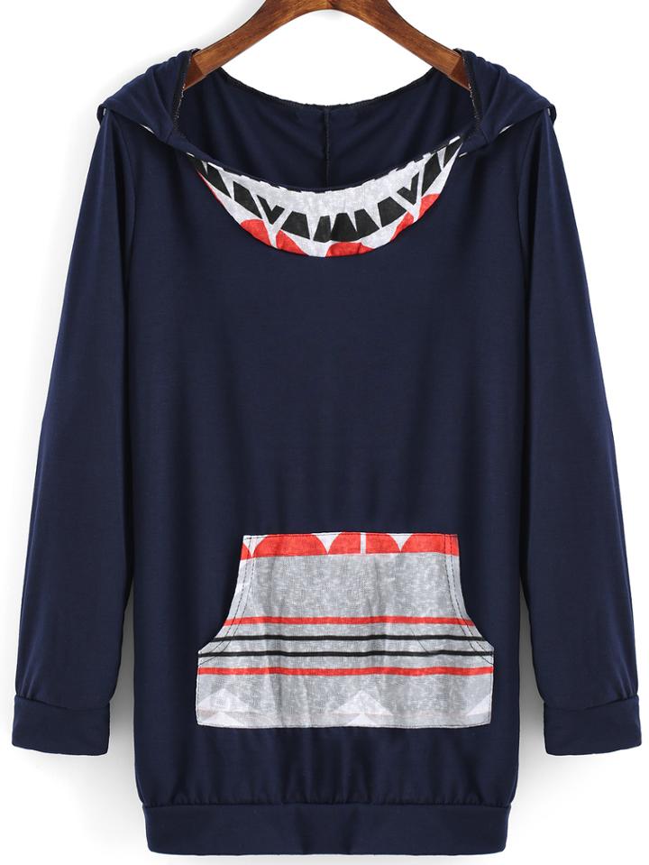 Romwe Hooded Geometric Print Long Sweatshirt