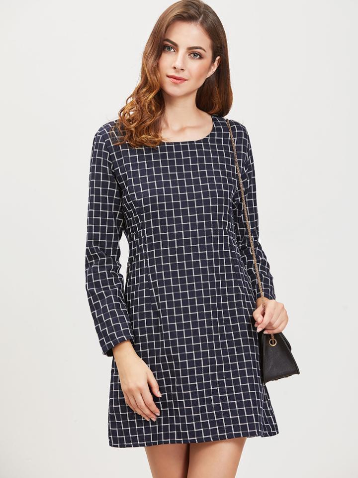 Romwe Navy Grid Zipper Back Long Sleeve Dress