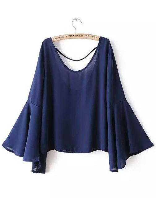 Romwe Bell Sleeve Scoop Back Chiffon Shirt