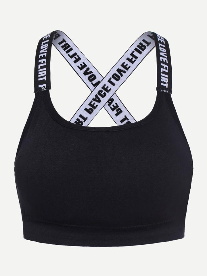 Romwe Black Letter Print Criss Cross Back Crop Top