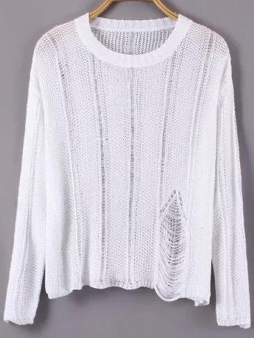 Romwe Ripped Hollow White Sweater