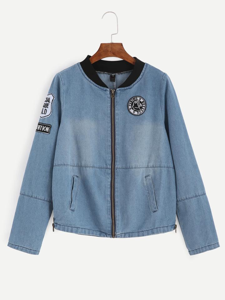 Romwe Blue Ribbed Neck Zip Up Embroidered Patch Detail Denim Jacket