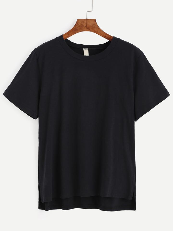 Romwe Black Dip Hem Casual T-shirt