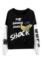 Romwe Letter And Banana Print Color Block Sweatshirt