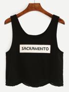Romwe Scalloped Hem Letter Embroidered Crop Tank Top - Black