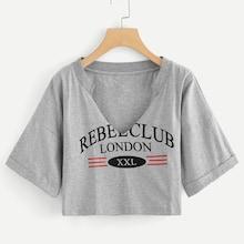 Romwe Letter Print V Neck Tee