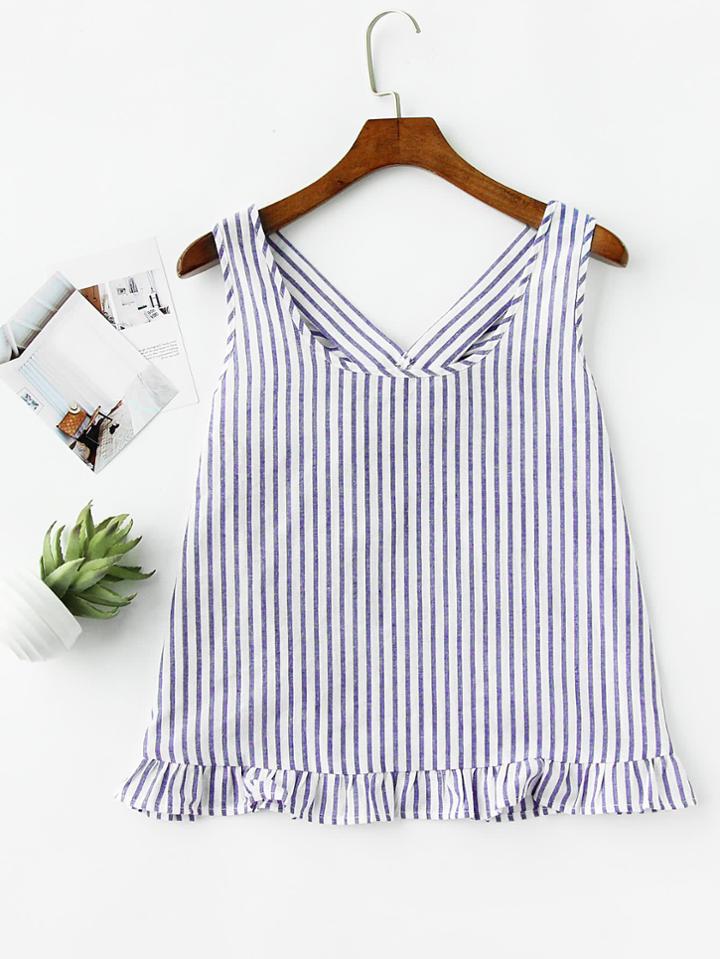 Romwe Bow Back Ruffle Trim Striped Pinafore Top
