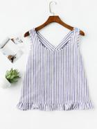 Romwe Bow Back Ruffle Trim Striped Pinafore Top