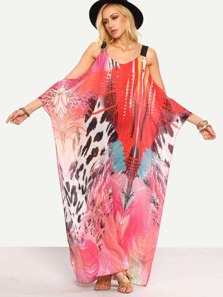Romwe Cold Shoulder Printed Loose-fit Chiffon Dress - Red