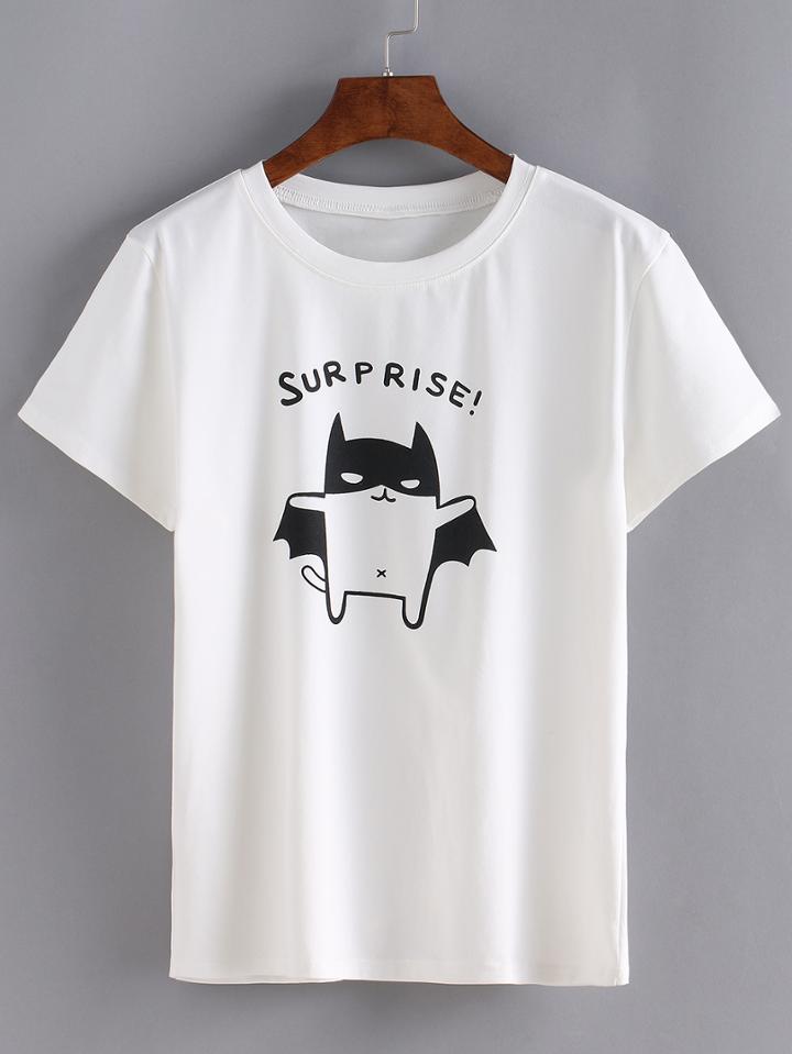 Romwe White Cartoon Print Short Sleeve T-shirt