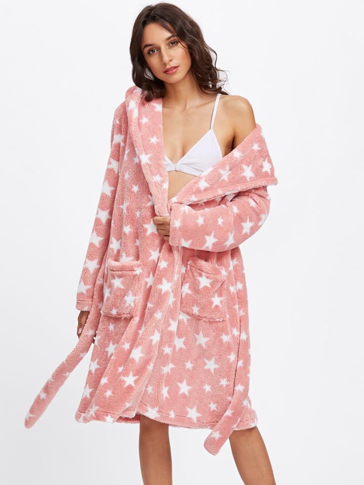 Romwe Star Print Faux Fur Hoodie Robe