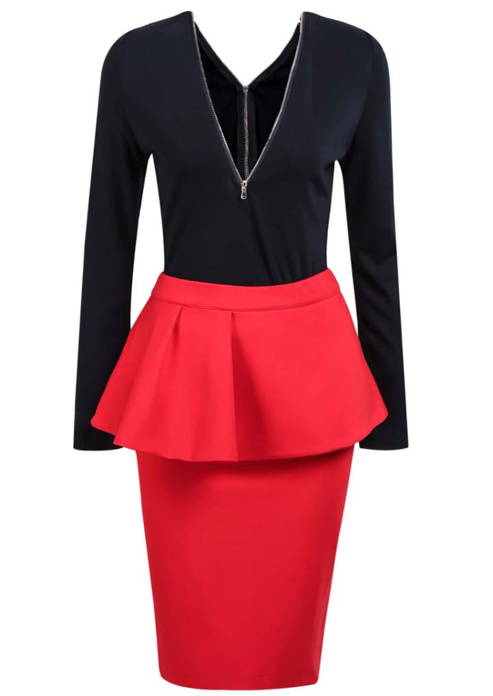 Romwe Zip Deep V Neck Top With Red Bodycon Skirt