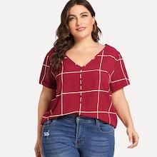 Romwe Plus Button Detail Grid Print Blouse