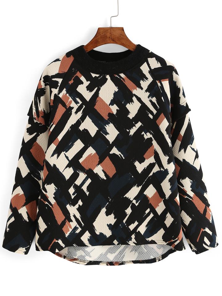Romwe High Low Graffiti Print Blouse