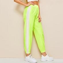 Romwe Elastic Waist Neon Lime Cut And Sew Pants