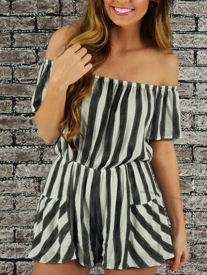 Romwe Grey Vertical Striped Off-the-shoulder Romper