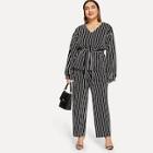 Romwe Plus Vertical Striped Belted Top With Pants